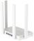 Een witte WLAN-router met vier externe antennes. Aan de voorkant zijn aansluitingen voor internetverbindingen zichtbaar.