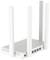 Witte WLAN-router met vier rechtopstaande antennes en meerdere aansluitingen aan de achterkant, merknaam zijdelings gegraveerd.