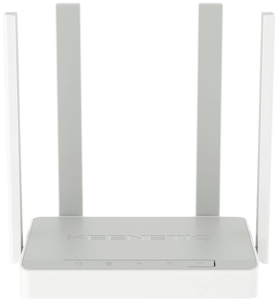 Een witte wifi-router met vier verticale antennes en het woord 'Keenetic' op de bovenkant.