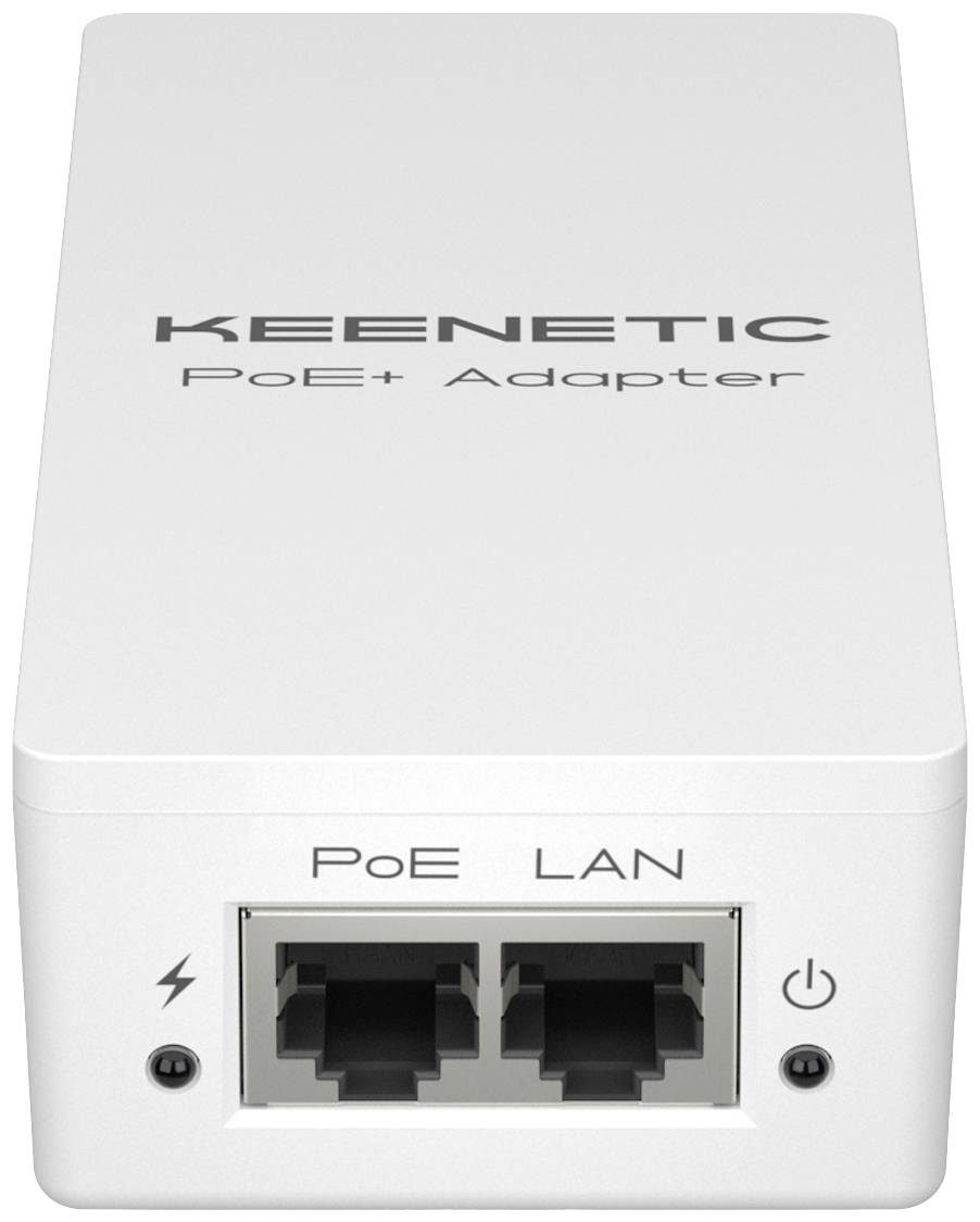 Een witte 'Keenetic PoE+ Adapter' met twee poorten, gemarkeerd met 'PoE' en 'LAN'. Toont netwerkverbindingen en een netstroom-symbool.