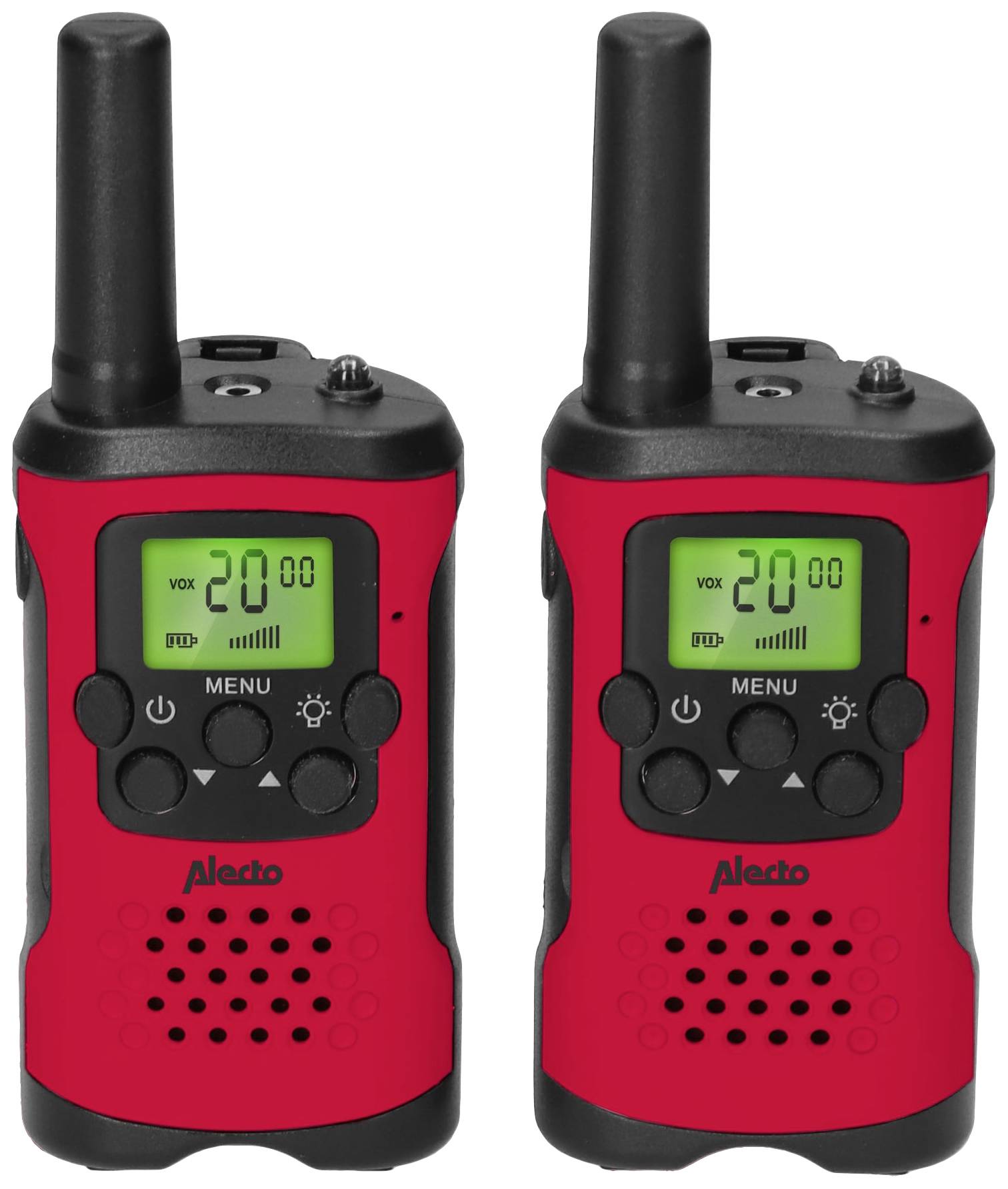 Twee rode portofoons met zwarte antennes en displays die op '20' zijn ingesteld, liggen naast elkaar.