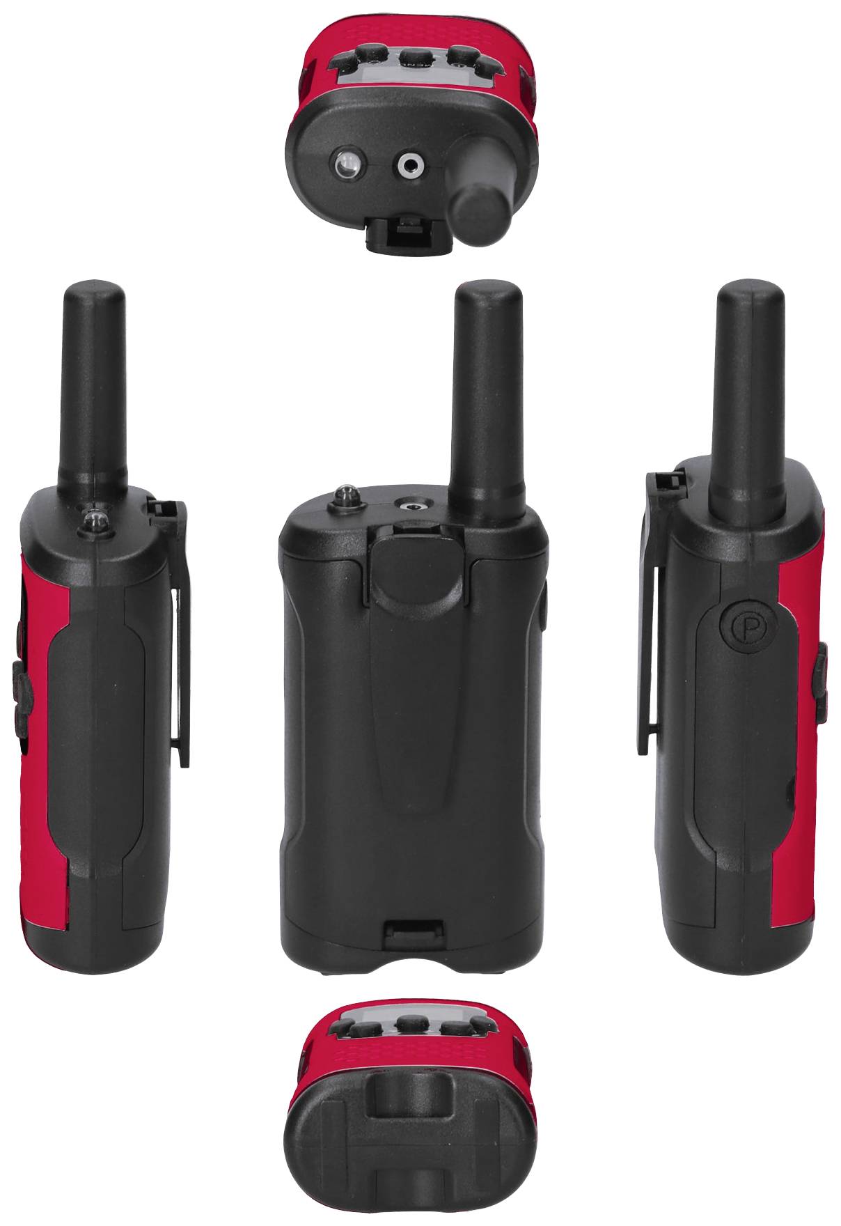 Vijf zwarte en rode walkies-talkies, vanuit verschillende gezichtshoeken gefotografeerd. Belangrijkste kenmerken: antenne, knoppen en riem-clip.