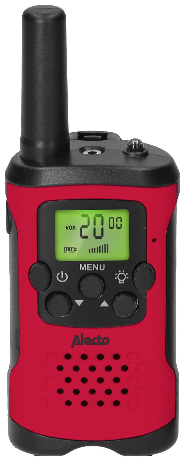 Rood walkietalkie met zwarte antenne en display, toont volume op 20. Merknaam 'Alecto' onderaan.