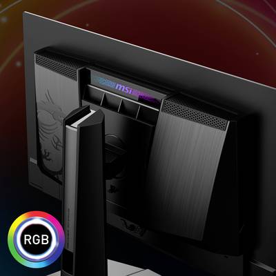 Een monitor met een stijlvolle achterkant, verlicht logo en RGB-lichtaccenten linksonder.