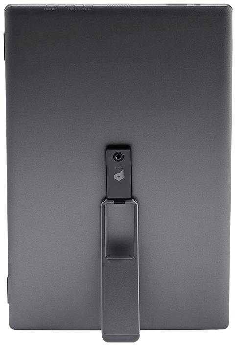 Achteraanzicht van een elektronisch apparaat met uitklapbare standaard, waarschijnlijk een tablet. De standaard maakt een rechtopstaande positionering mogelijk.