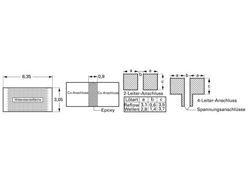 'Diagram toont afmetingen en aansluitingsmethoden voor printplaat: Weerstandsoppervlak 6,35x3,05 mm. Verbindingssoldeertechnieken: Solderen, Reflow, Golf.'