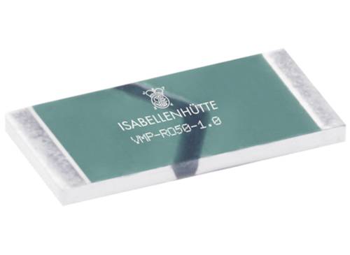 Groene precisieweerstand met opschrift 'Isabellenhütte VMp-R050-1.0'. De weerstand is geschikt voor toepassingen met hoge precisie.