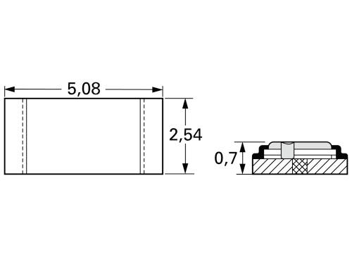 Diagram van een elektronische component met de afmetingen: breedte 5,08 mm, hoogte 2,54 mm en zijdelingse hoogte 0,7 mm.