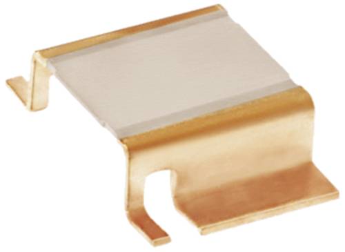 Een rechthoekige, koperkleurige elektrische contactclip met gebogen vorm, gebruikt voor het verbinden van elektrische componenten.