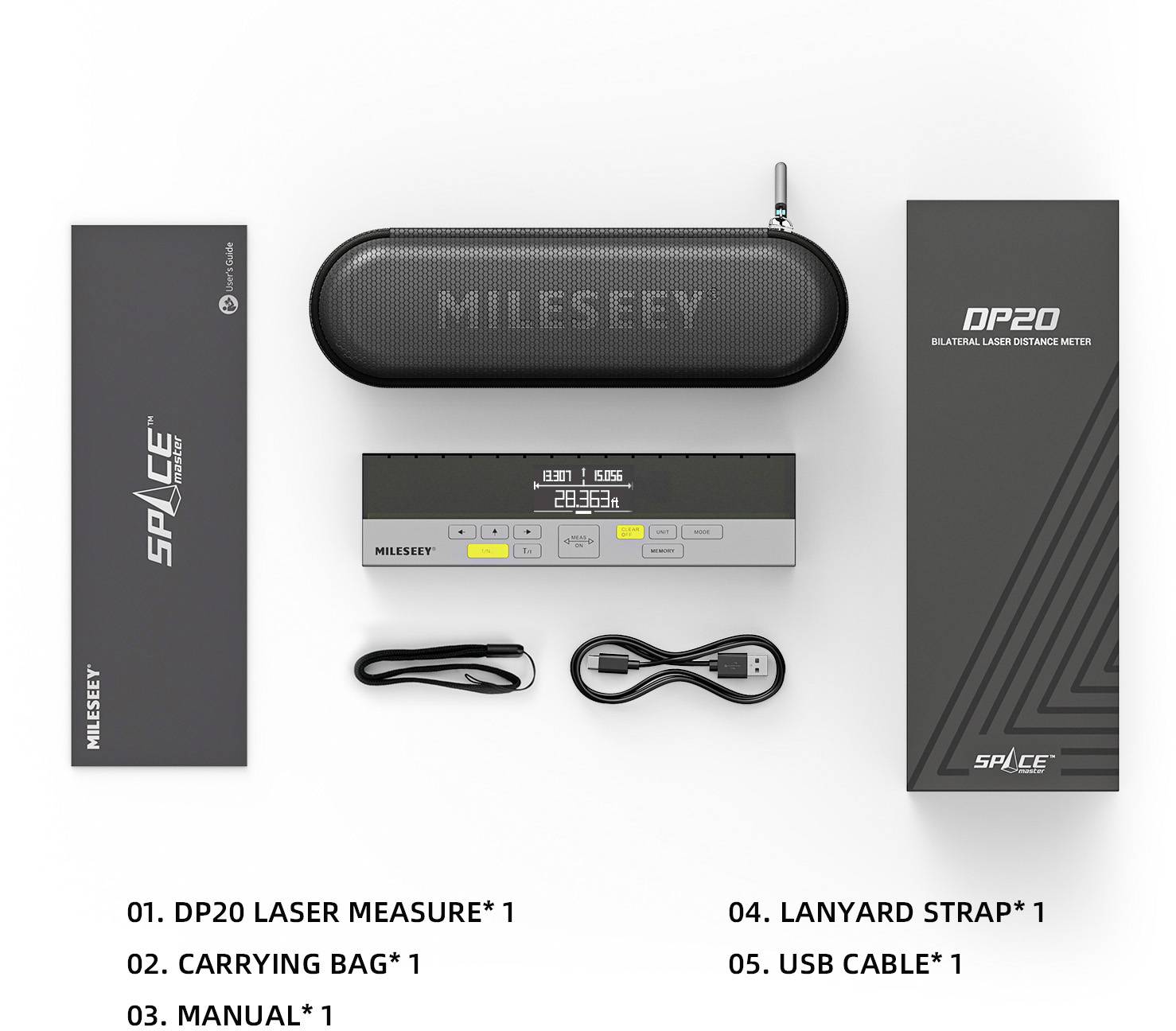 Laser-afstandsmeter-set bestaande uit: DP20 laser-meetapparaat, draagtas, gebruiksaanwijzing, lanyard-lus, USB-kabel.