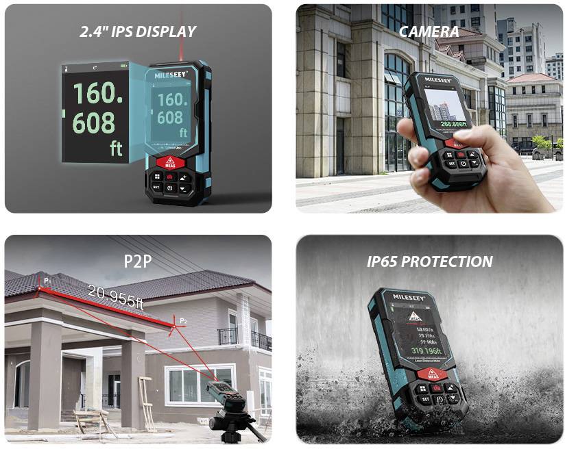 Laser-afstandsmeter functies: '2.4" IPS-SCHERM', Camera met gebouw op de achtergrond, P2P-meting aan gebouw, 'IP65-BESCHERMING' tegen water en stof.