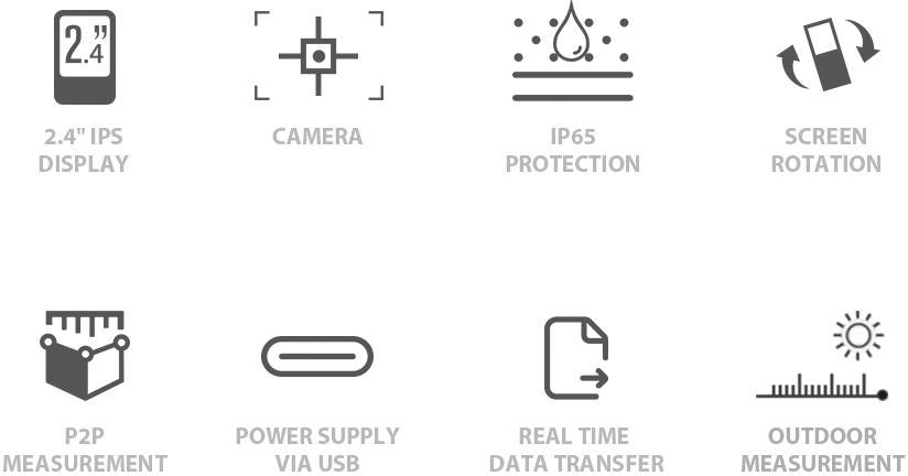 'Beeldsymbolen voor 2,4" IPS-display, camera, IP65-bescherming, schermrotatie, P2P-meting, voeding via USB, real-time gegevensoverdracht, buitenmeting.'