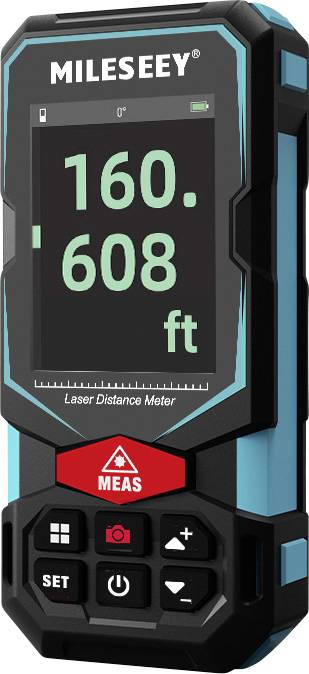 Digitaal laser-afstandsmeter met zwart scherm, groene aanduiding: '160.608 ft'. Zwarte toetsen voor meting en instellingen.