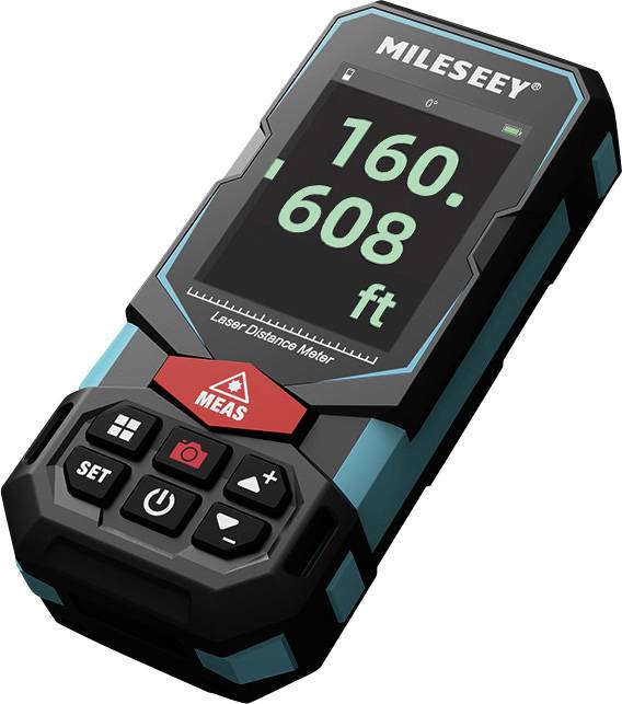 Laser-afstandsmeter met scherm toont '160.608 ft'. Knoppen voor instellingen, opslag, metingen en rotatieweergave.