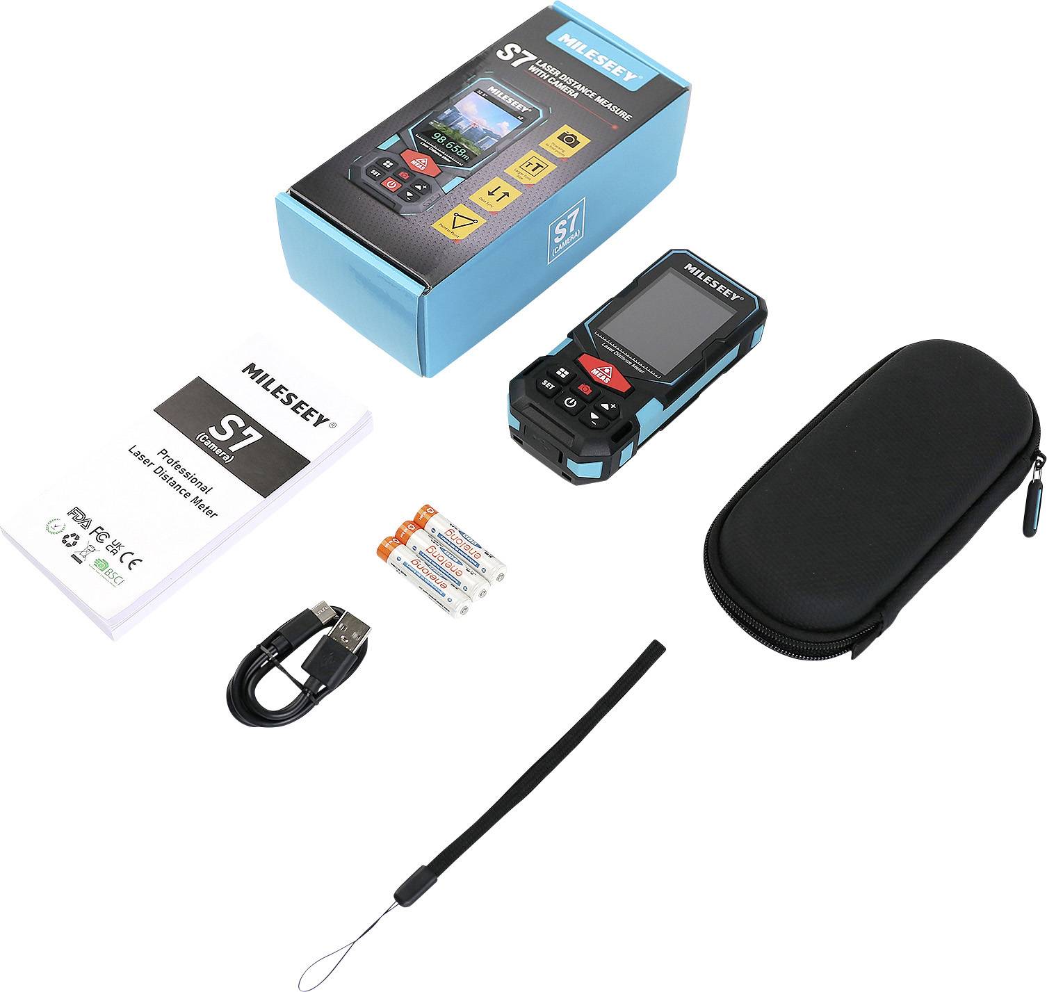 Laser-afstandsmeter-set met apparaat, handleiding, batterijen, USB-kabel en beschermhoes, ontworpen voor nauwkeurige metingen.