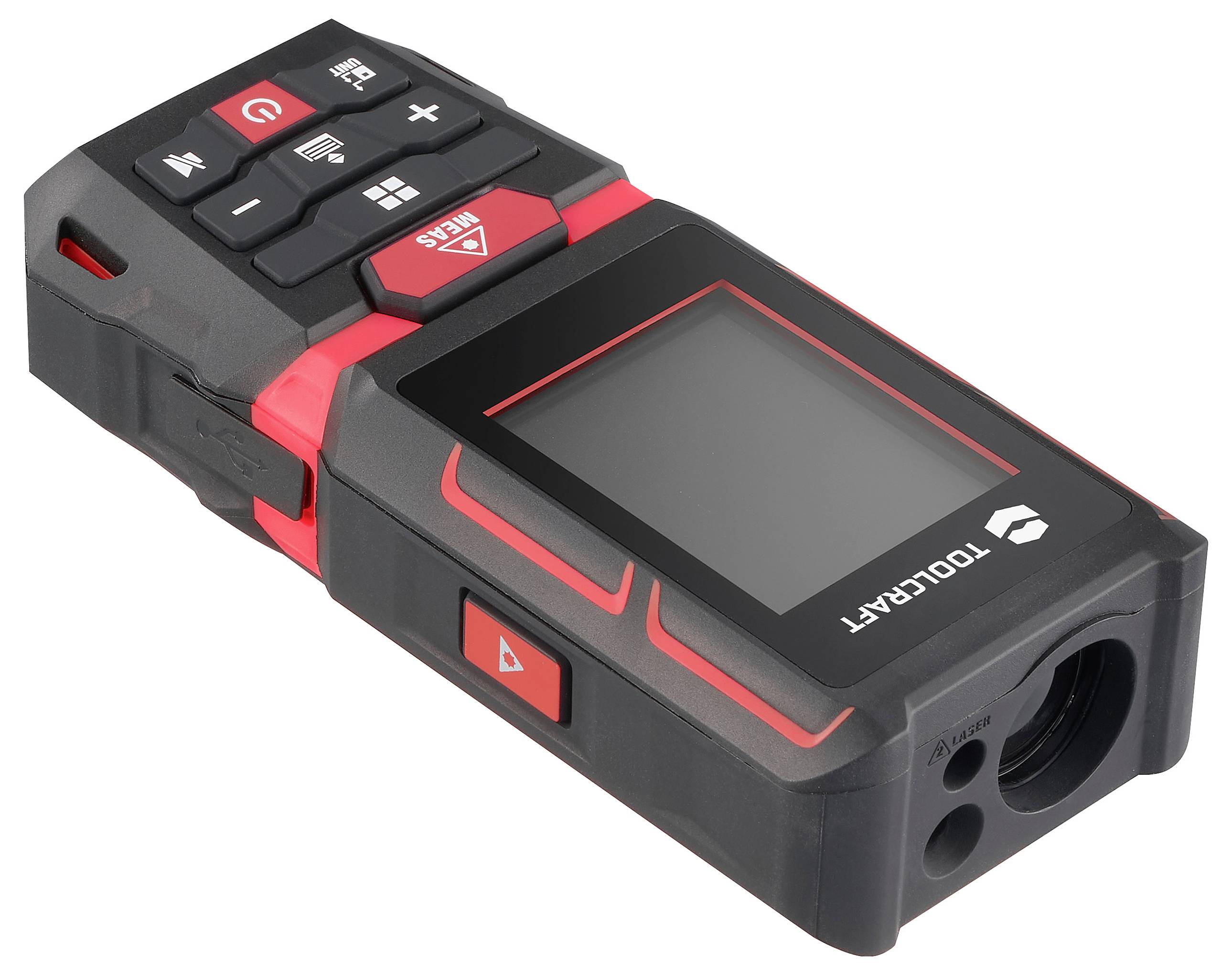 Rood laser-afstandsmeter met zwarte behuizing. Bovenaan knoppen voor bediening, daaronder een display. Markering: 'TOOLCRAFT'.