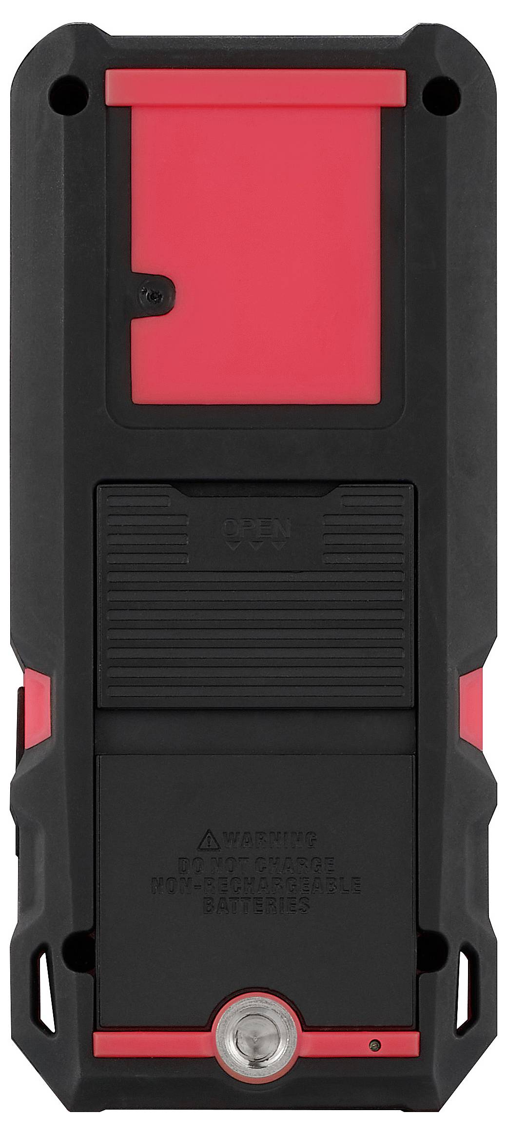 Een zwart en rood rechthoekig apparaat met gestructureerde elementen en een kleine knop onderaan, waarschijnlijk een elektronisch gereedschap.