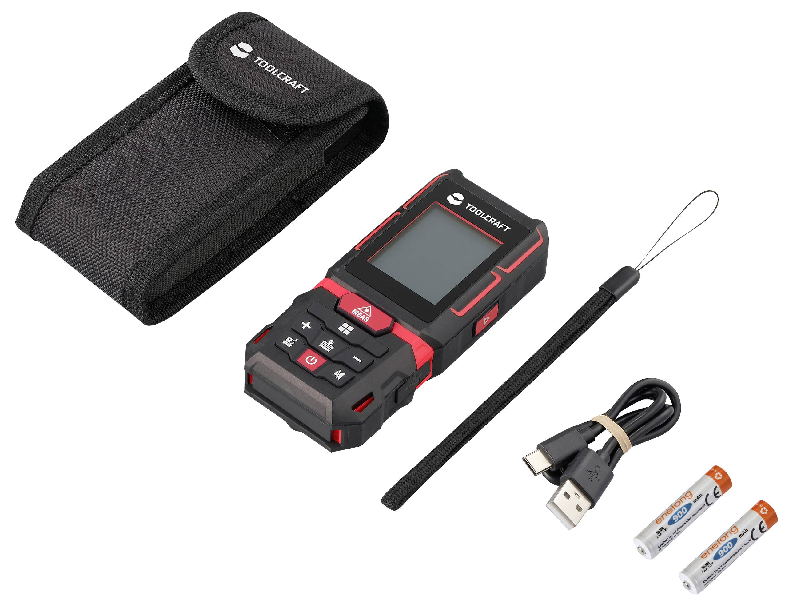 Een lasermeetapparaat-set bestaande uit een afstandsmeter, USB-kabel, draaglus, twee batterijen en een tas.