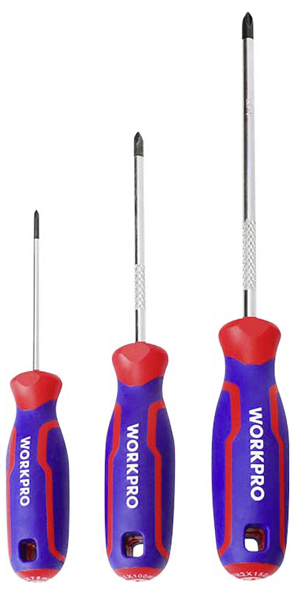 Drie schroevendraaiers van verschillende groottes met rode en blauwe handgrepen waarop 'WORKPRO' staat.