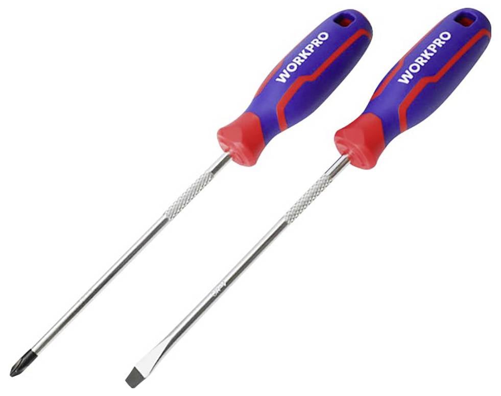 Twee schroevendraaiers met blauw-rode handgrepen, één met een kruiskopaanzet, de andere met een platte punt.
