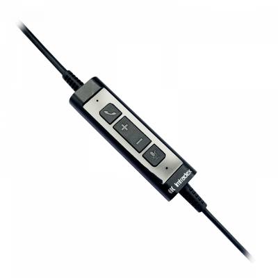 Zwarte inline-kabelbediening met knoppen voor volume, oproepbeantwoording en microfoon-demping, verbonden met een kabel.