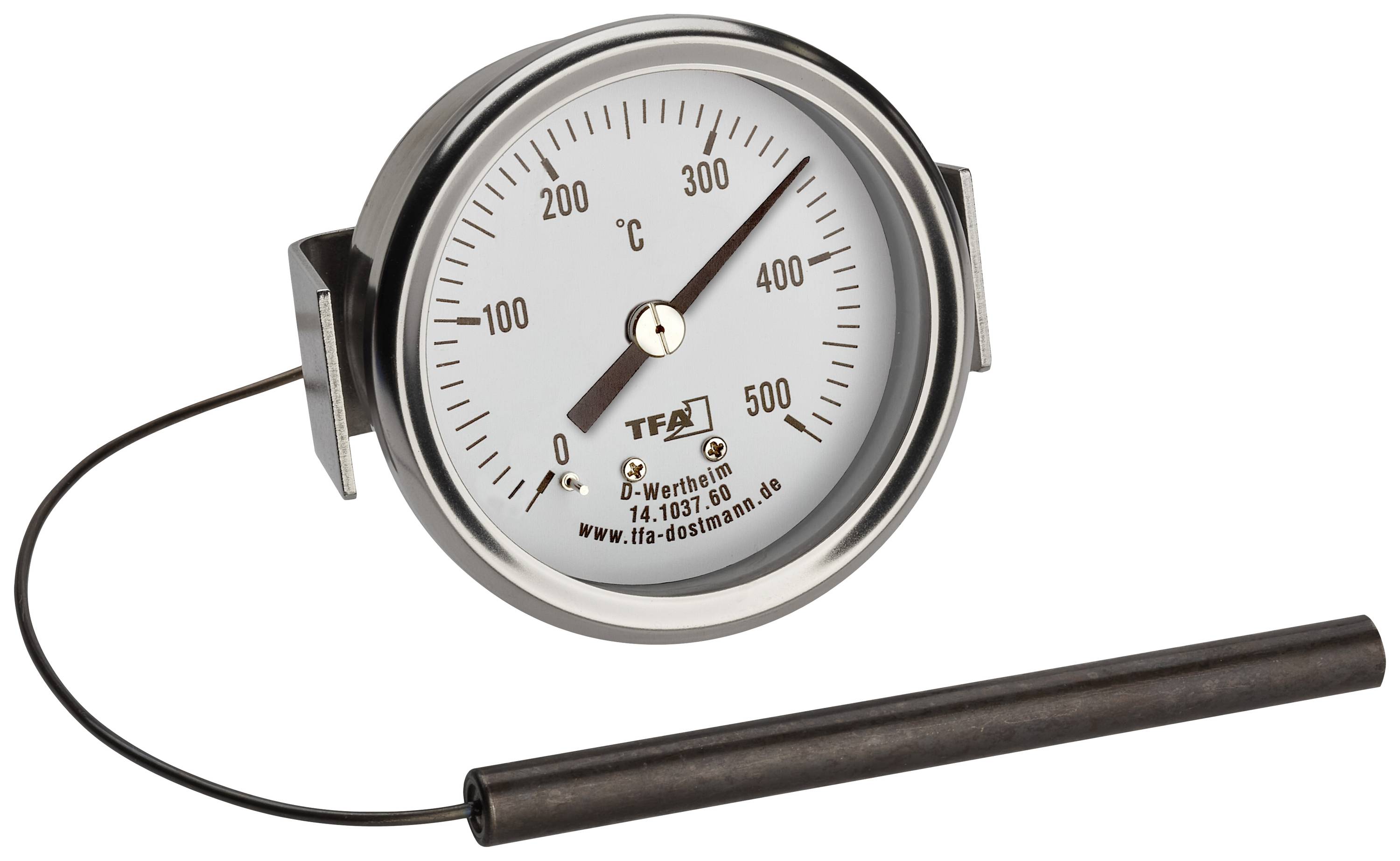Analoge thermometer met meetvoeler, toont temperaturen van 0 tot 500 graden Celsius. Voornamelijk voor industriële toepassingen.