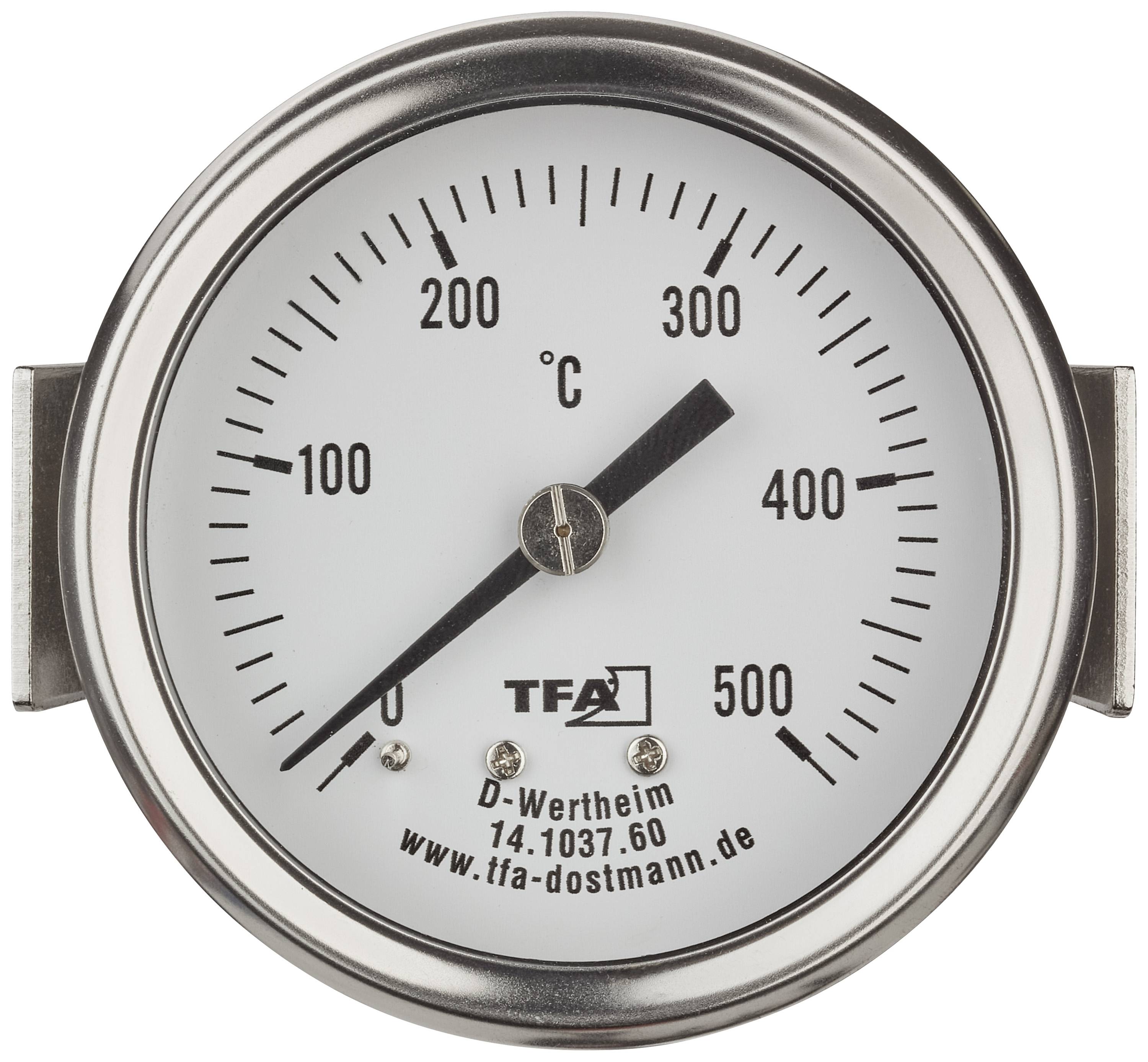 Rond thermometer met schaal van 0 tot 500 graden Celsius, markeringen om de 100 graden. De wijzer geeft net boven 0 graden aan.