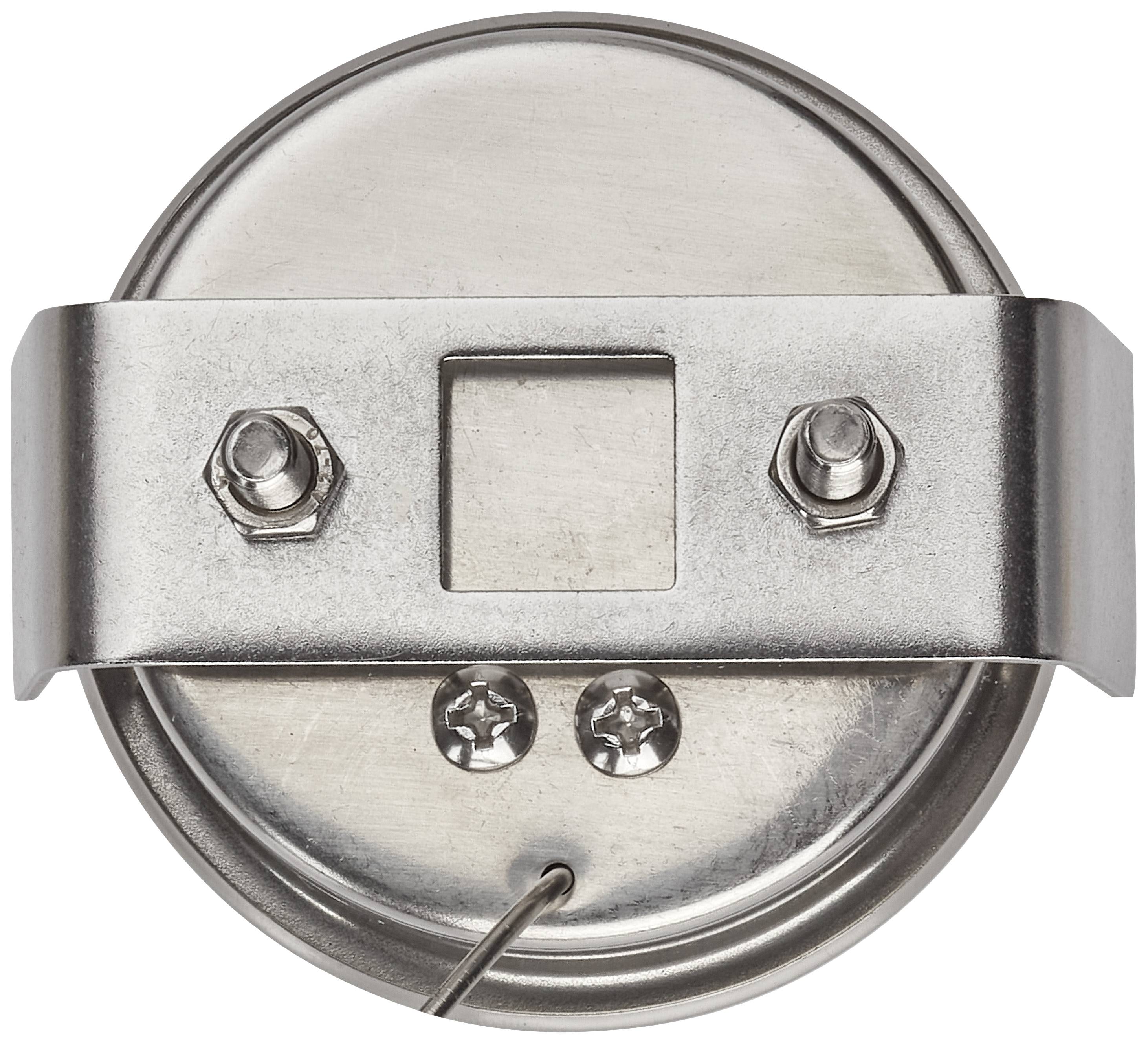 Ronde metalen plaat met twee schroeven bovenaan en twee haaks geplaatste schroeven onderaan. Een metalen strip loopt diagonaal over de plaat.