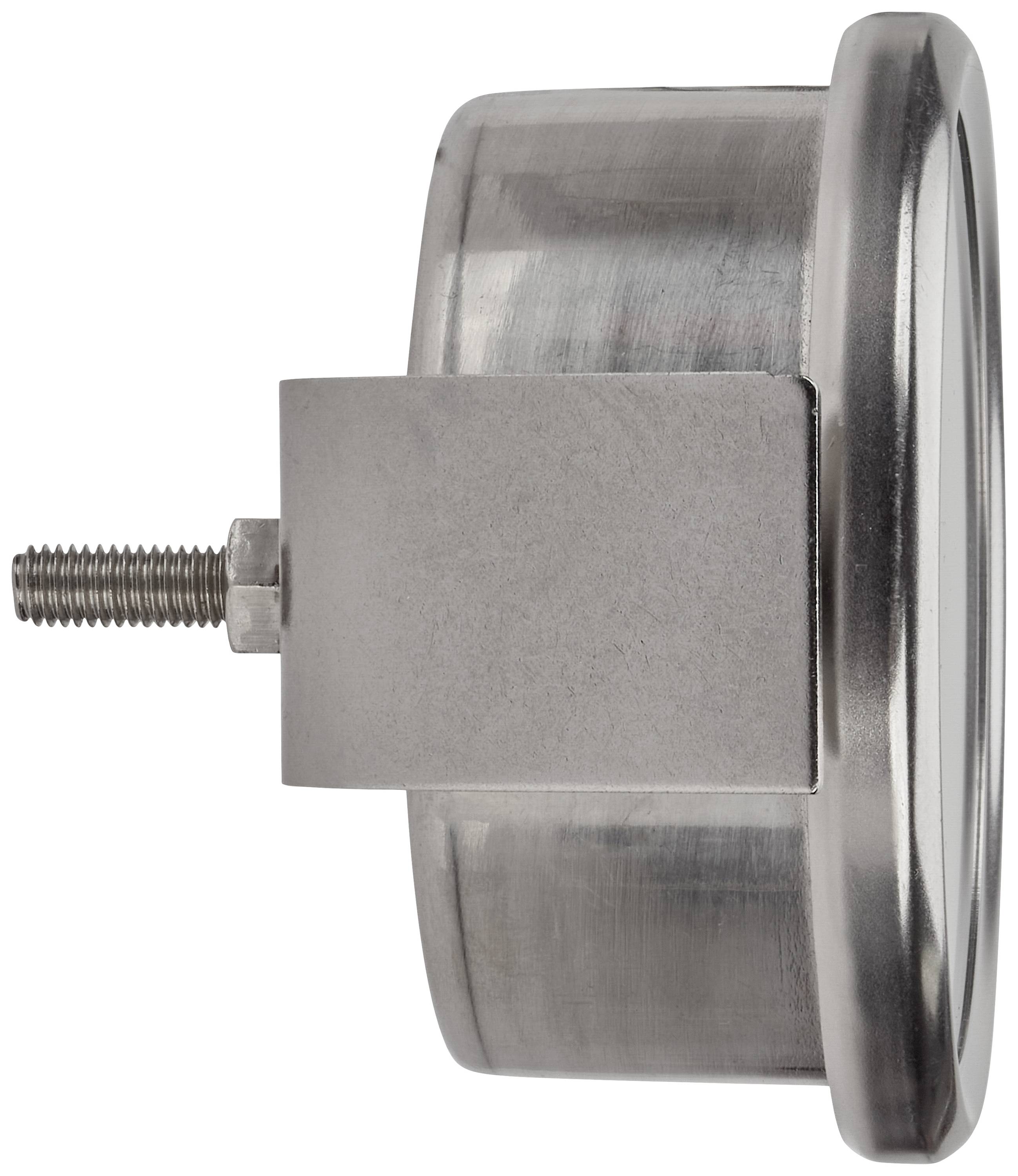 Een rond metalen onderdeel met een schroef aan de zijkant, vermoedelijk een manometer of meetinstrument.