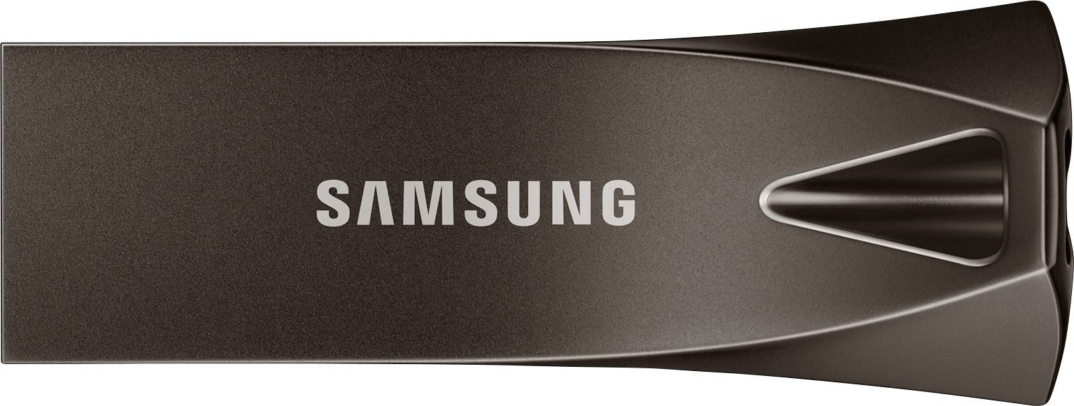 USB-stick van Samsung in donkere kleur met modern, strak design.