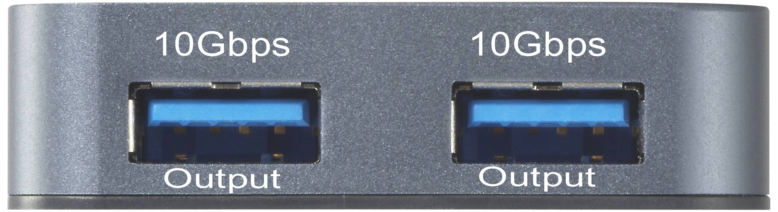 Twee USB-aansluitingen met 10 Gbps-uitgang op een metalen behuizing.