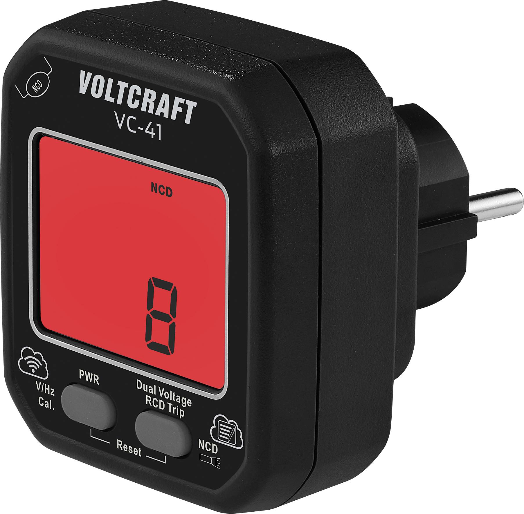 'Voltcraft VC-41' stopcontacttester met een digitaal display waarop het getal 8 wordt weergegeven, gebruikt voor het controleren van de veiligheid en functionaliteit van elektrische stopcontacten.