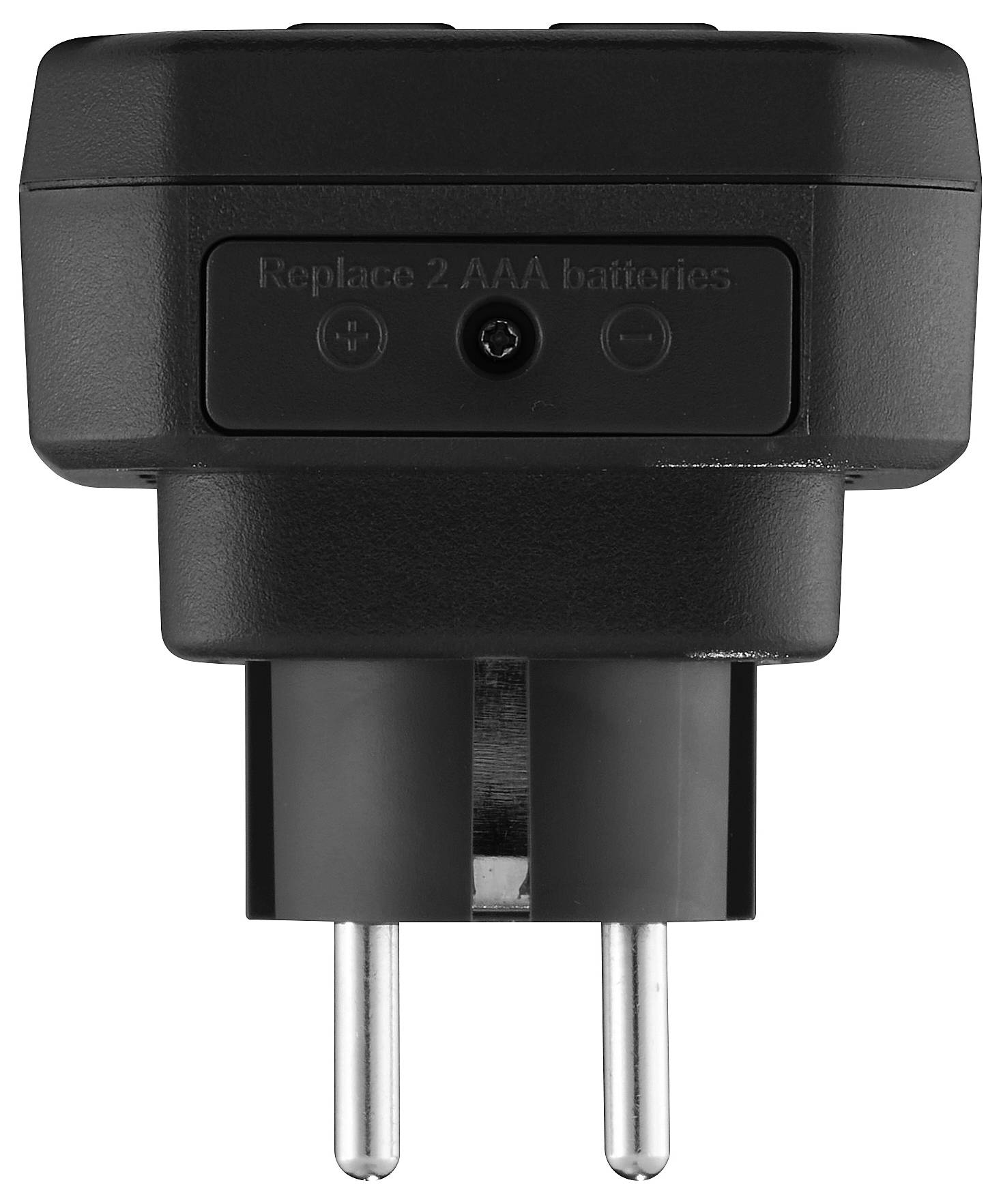 Zwarte elektronische apparaatstekker met tweepuntsontwerp, geëtiketteerd 'Vervang 2 AAA-batterijen'.