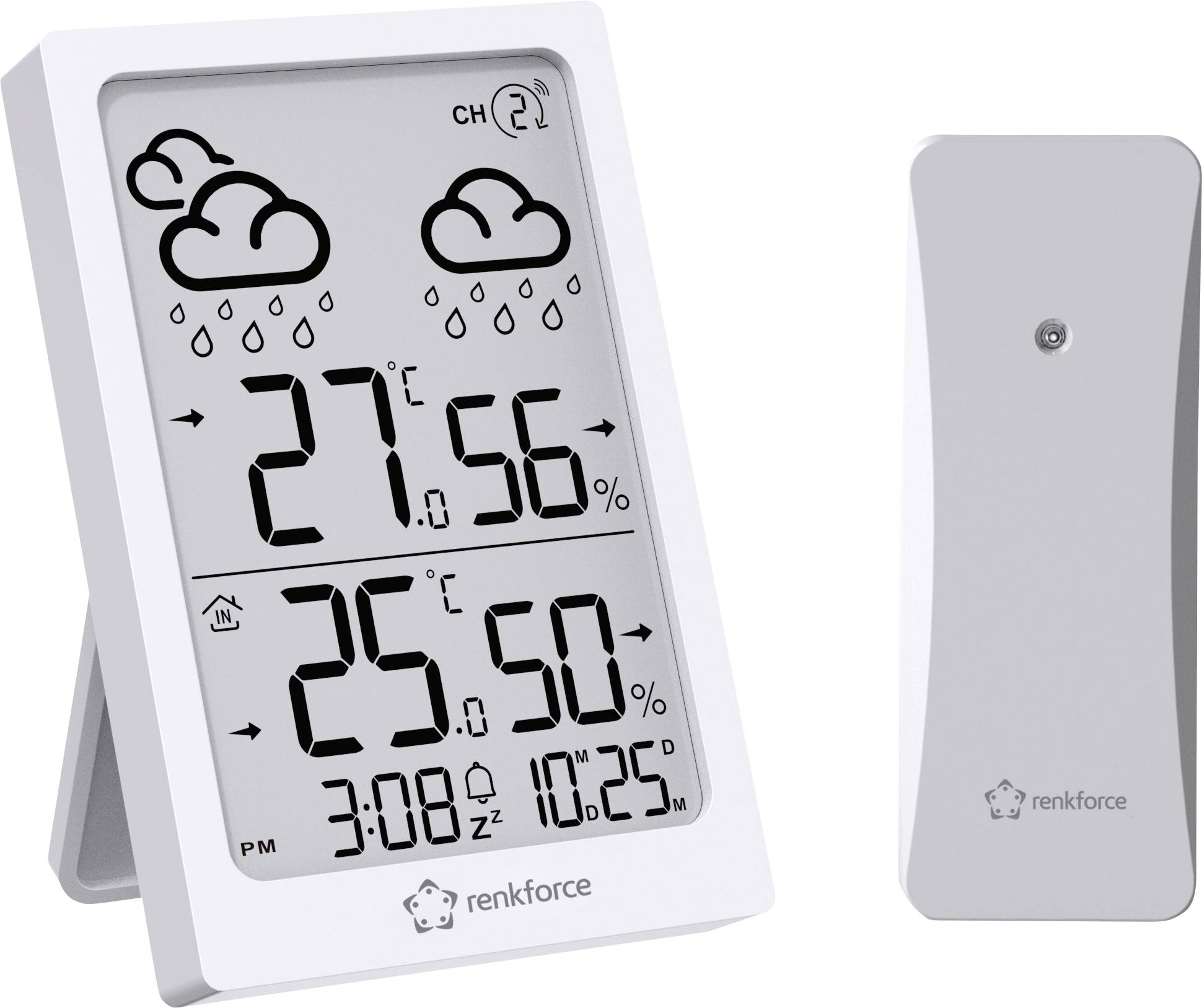 Witte digitale weerstation met groot display. Toont buitentemperatuur 27,5°C, luchtvochtigheid 56%, binnentemperatuur 25°C, luchtvochtigheid 50%, tijd 3:08, datum 25-10. Symbolen voor regen.