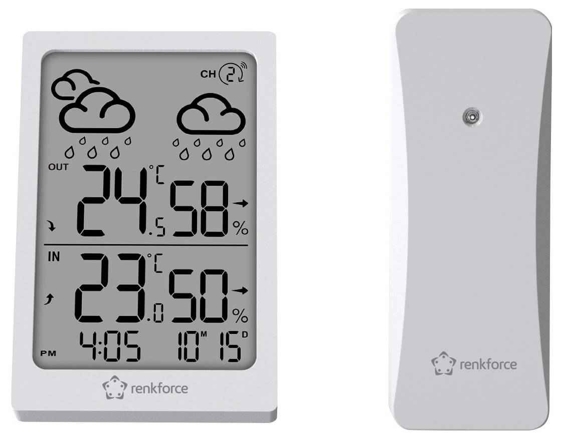 Digitaal thermometerdisplay met binnen- en buitentemperaturen, luchtvochtigheid, tijd en weersymbolen voor regen en wolken.