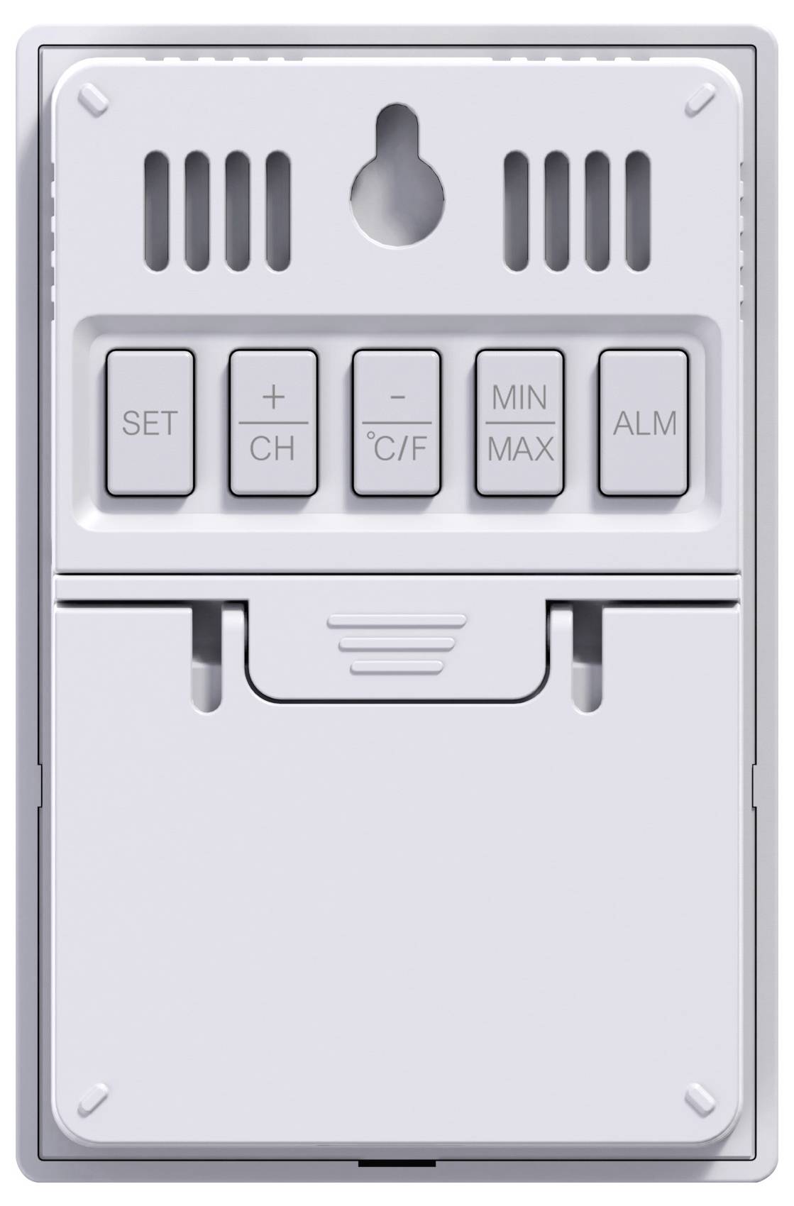 Een witte weerstation met knoppen: 'SET', '+', 'CH', '°C/°F', 'MIN MAX' en 'ALM', met verluchtingssleuven bovenaan.