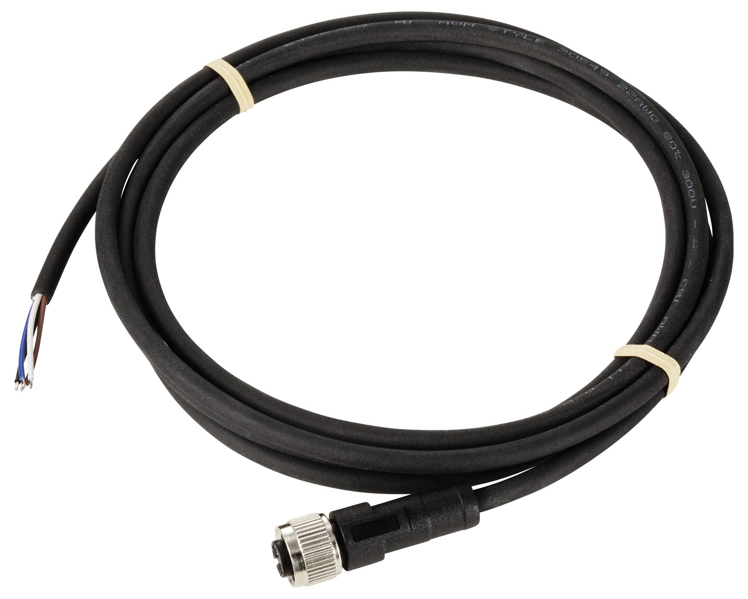 Zwart elektrisch kabel met een zilveren stekker aan het ene uiteinde en blootliggende draden aan de andere kant, opgerold.