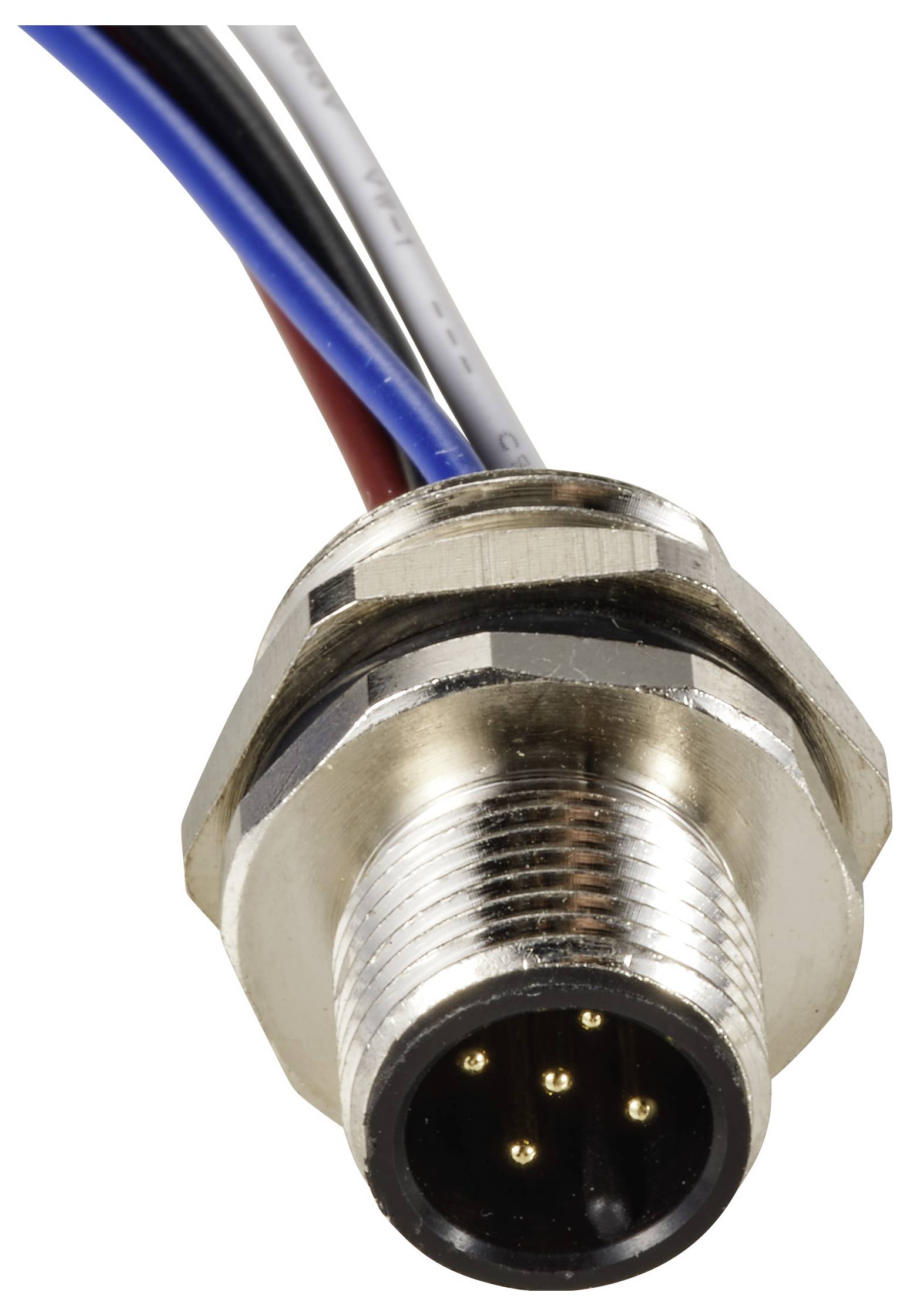 Een metalen stekker met vier zichtbare aansluitingen en meerdere gekleurde kabels die aan de achterkant uitsteken.