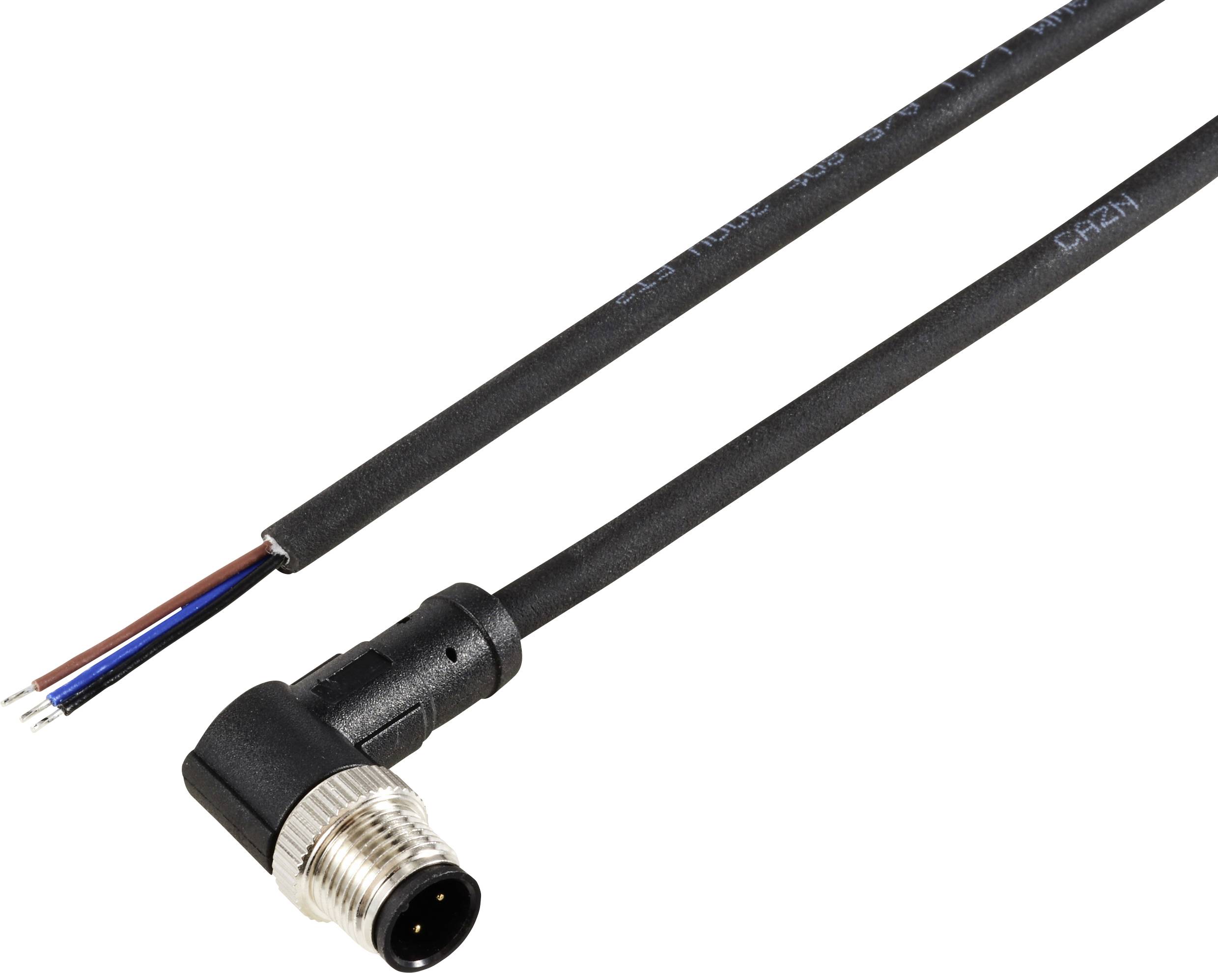 Een haakse M8-stekkerverbinding met open kabeluiteinde, geschikt voor elektrische aansluitingen in industriële toepassingen.
