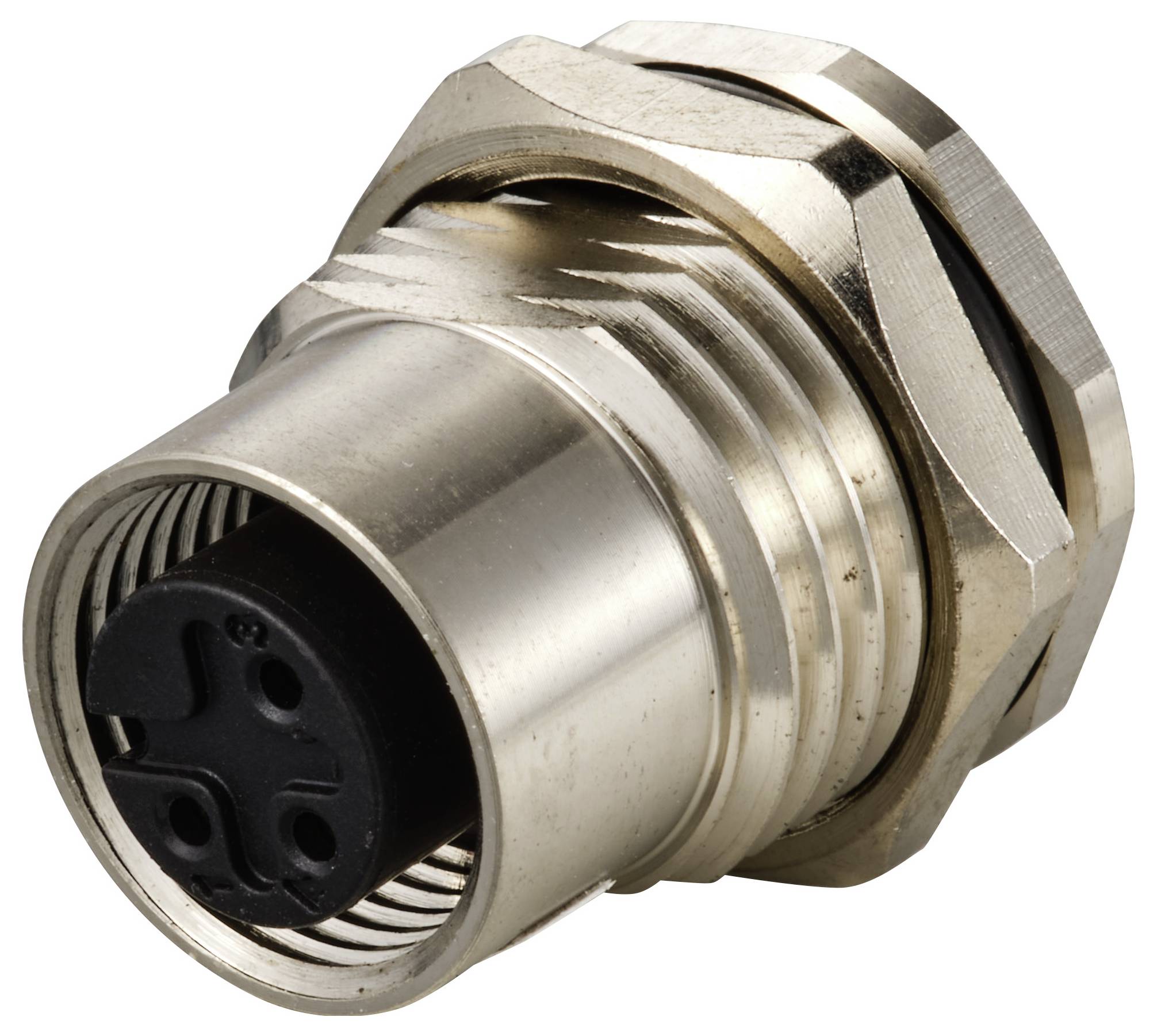 Een metalen connector met schroefdraad en meerdere aansluitpunten voor elektrische verbindingen.