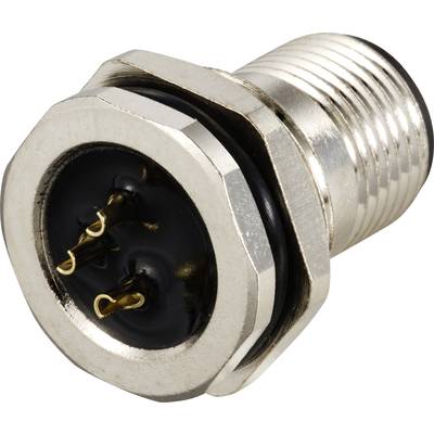 Metalen stekker met drie gouden pinnen in zeshoekige vorm. Gebruikt voor elektrische verbindingen.