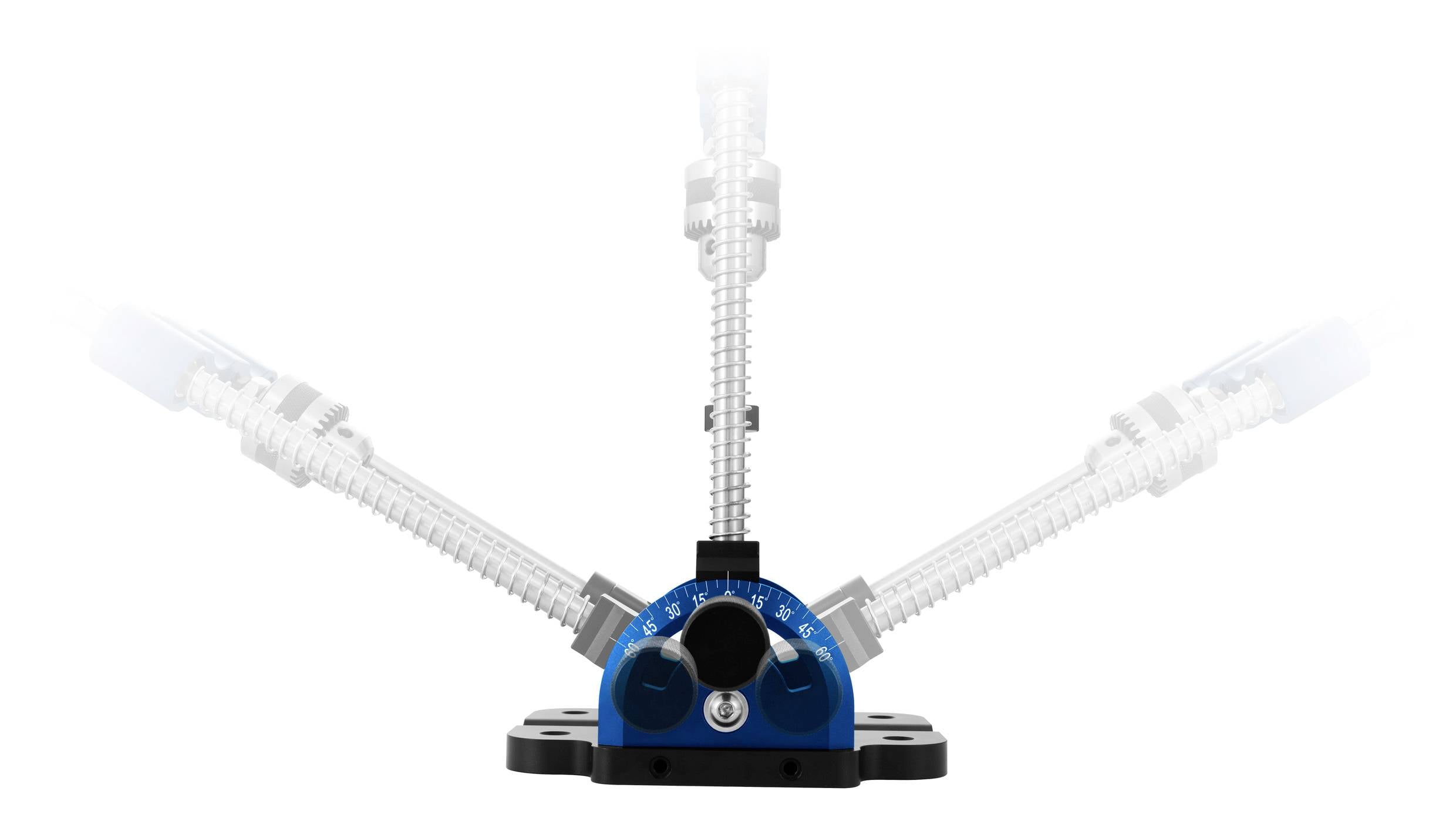 Een blauwe draaiknop in het midden bestuurt de hoeken van een mechanisch gewricht dat in verschillende posities kan zwenken.