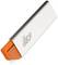 Zilveren veiligheidsmes met oranje lemmet en handgreep. Merknaam 'Slice' op de behuizing. Ontwikkeld voor veilig snijden.