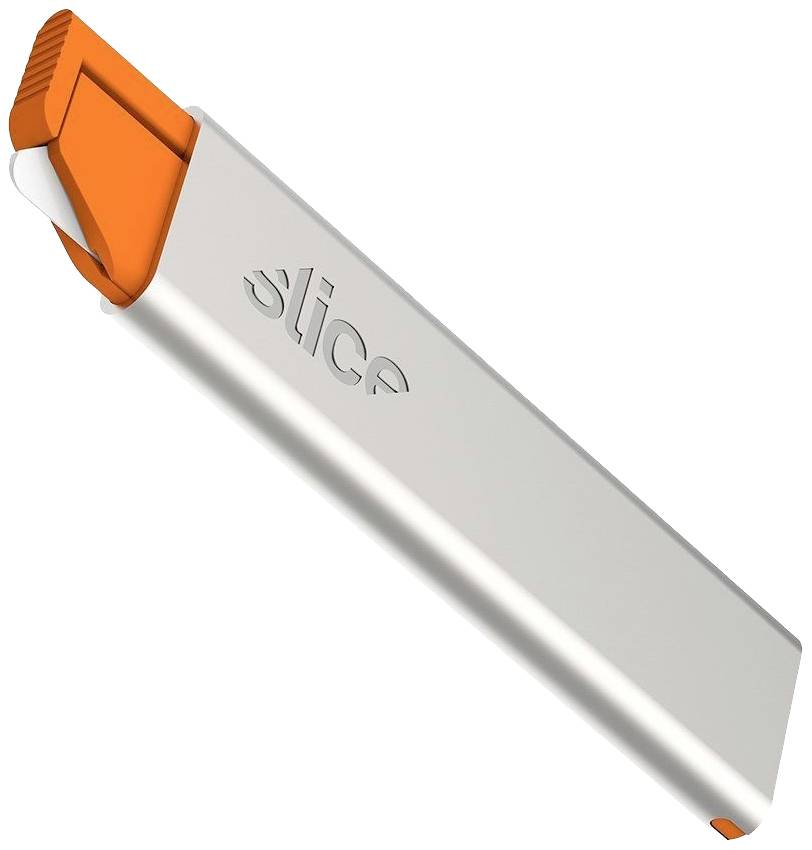 Een zilveren snijgereedschap met een oranje schuifregelaar.