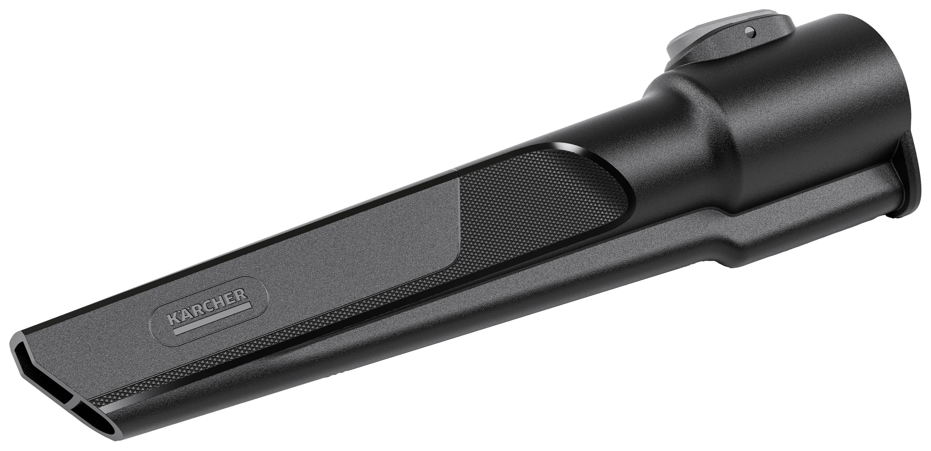 Een zwarte spuitmond geschikt voor stofzuigers, met een ergonomische handgreep en een platte, smalle uiteinde voor nauwkeurige reiniging.