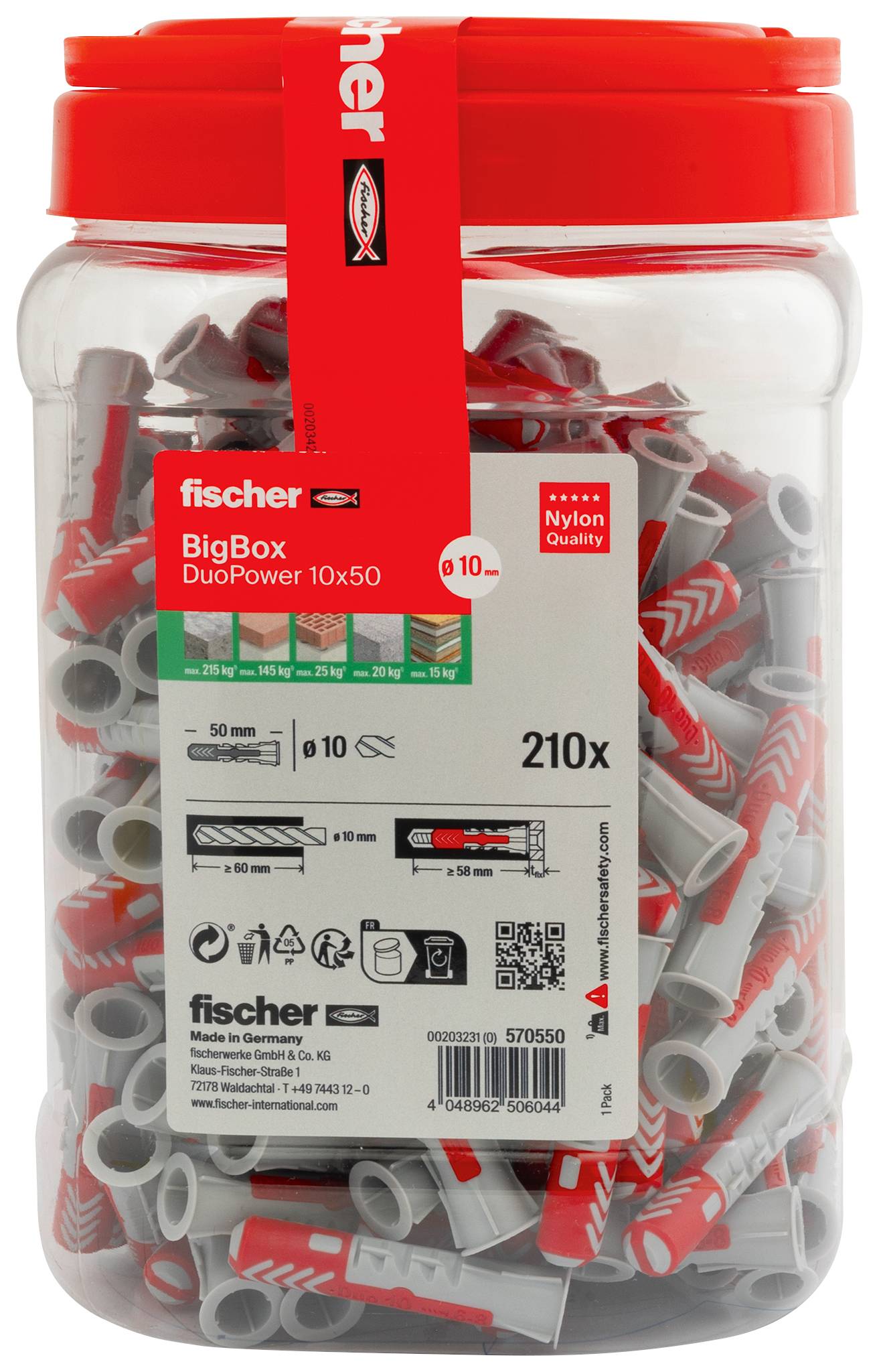 Duidelijke plastic pot Fischer BigBox DuoPower wandankers met rood deksel en etiket, met 210 stuks kunststof kwaliteitsankers.