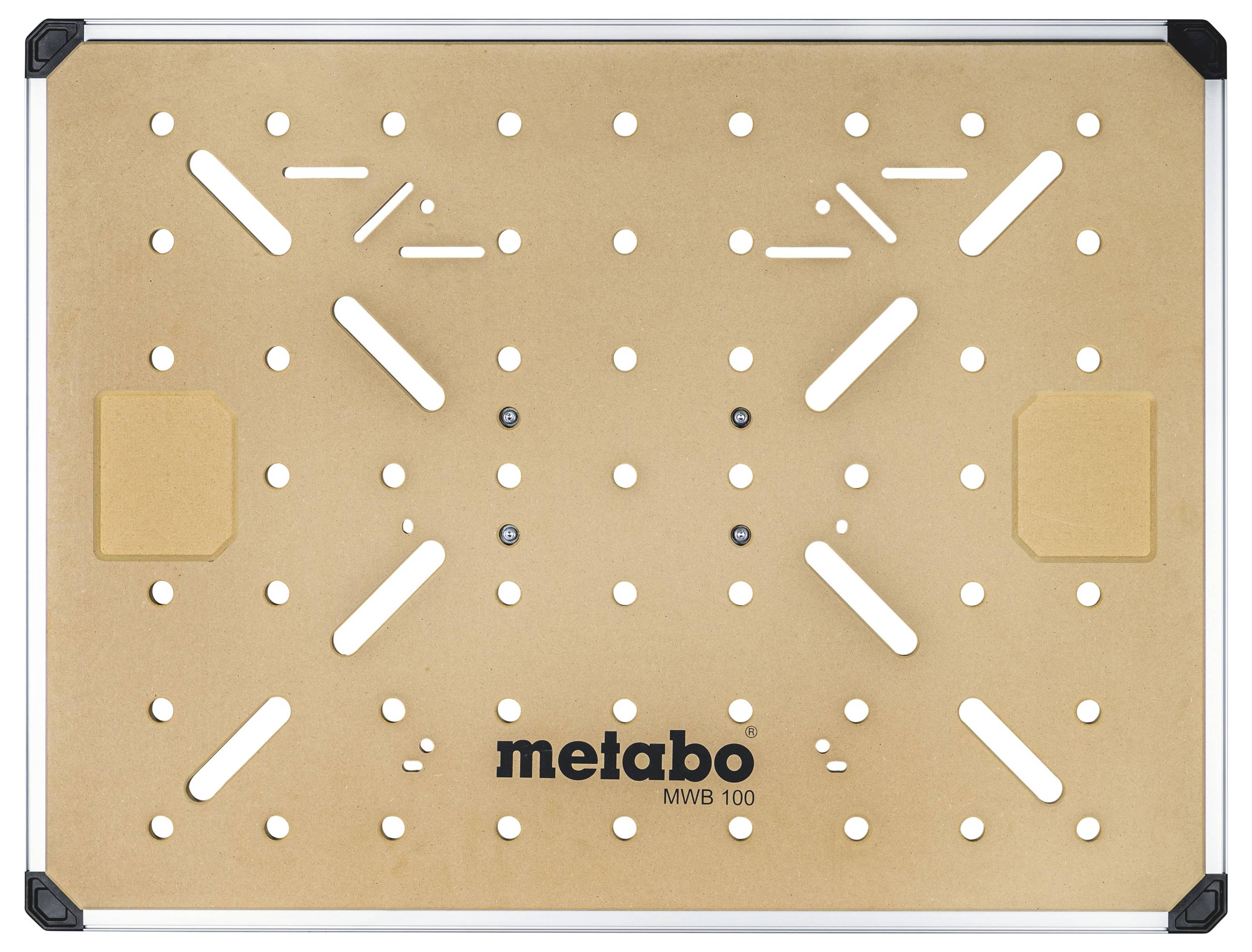 Werkbord 'metabo MWB 100', bruin bord met symmetrische gaten en uitsparingen, zwarte hoeken en logo onderaan.