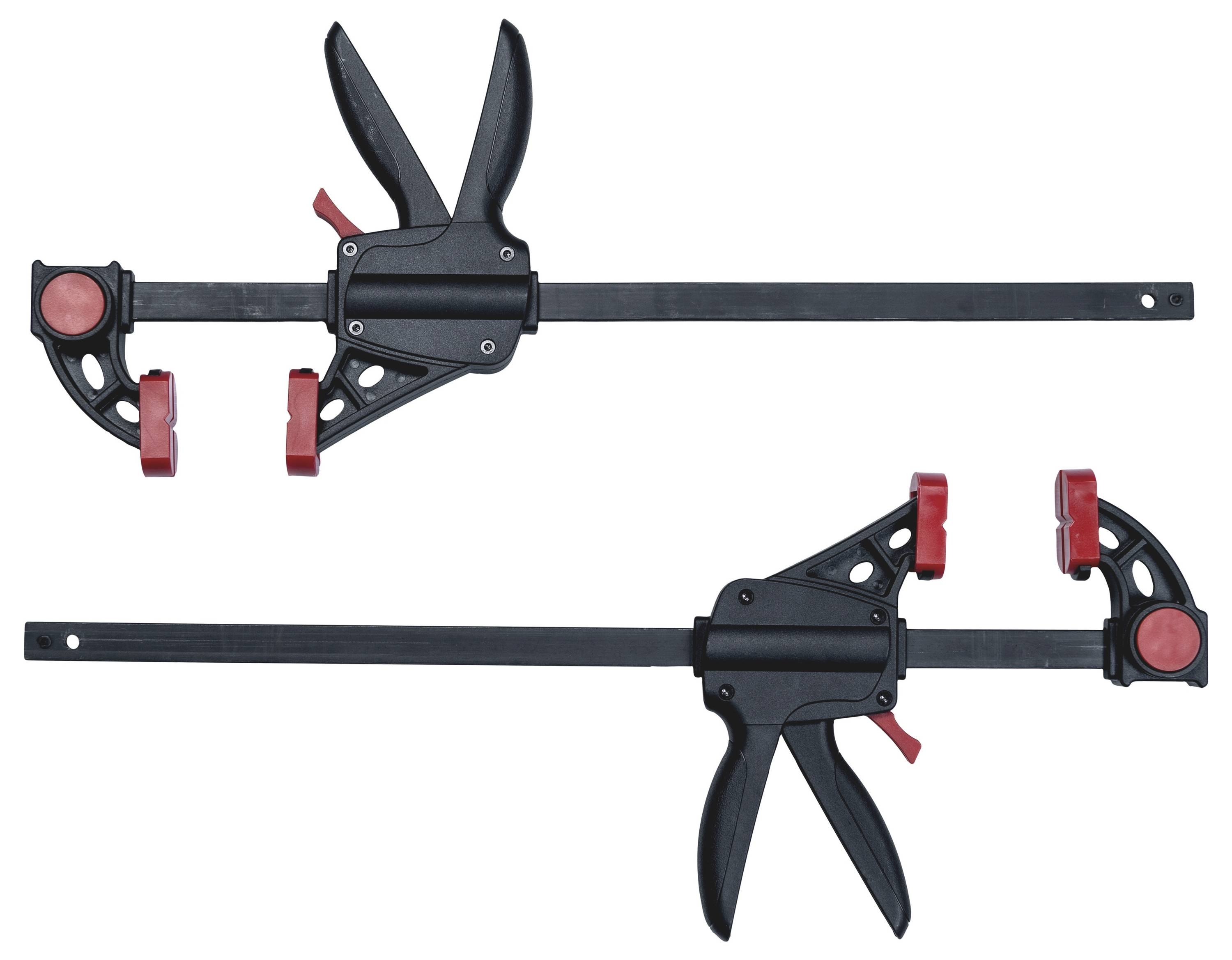 Twee zwarte schroefklemmen met rode handgrepen en bekken in verschillende posities, tonen de gebruiksmogelijkheden van het gereedschap.