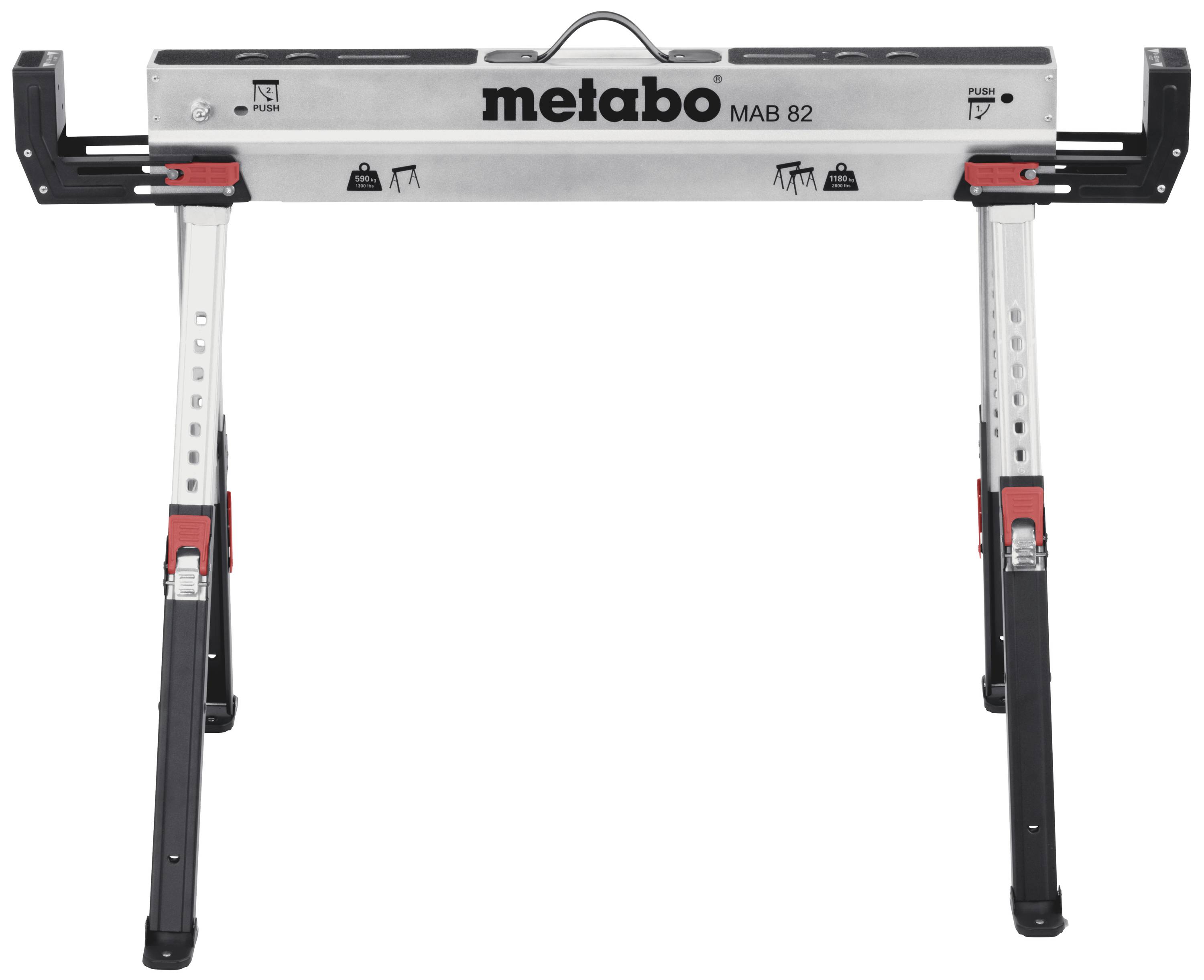 'Metabo MAB 82' mobiele werktafel met in hoogte verstelbare poten en inklapbare constructie, geschikt voor gereedschapsgebruik.
