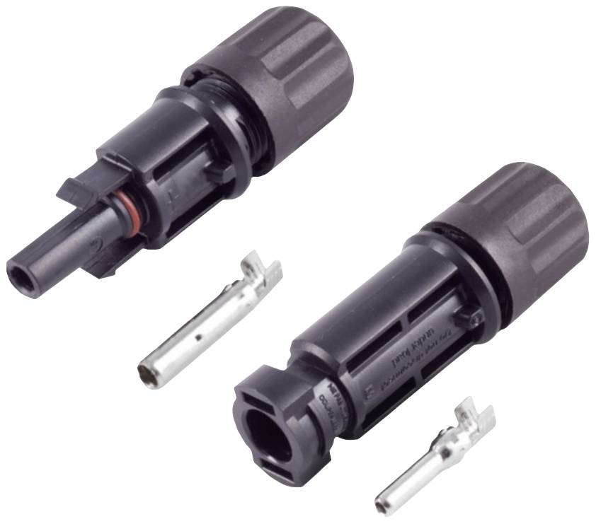 Twee zwarte stekkers, één met een rode afdichtingsring, elk met een metalen contactstuk ernaast. Ze worden gebruikt voor elektrische verbindingen.